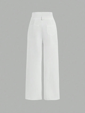 MOD Solid Button Front Wide Leg Pants shein