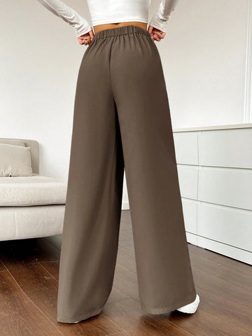 EZwear Solid Color Pleated Wide Leg Pants shein