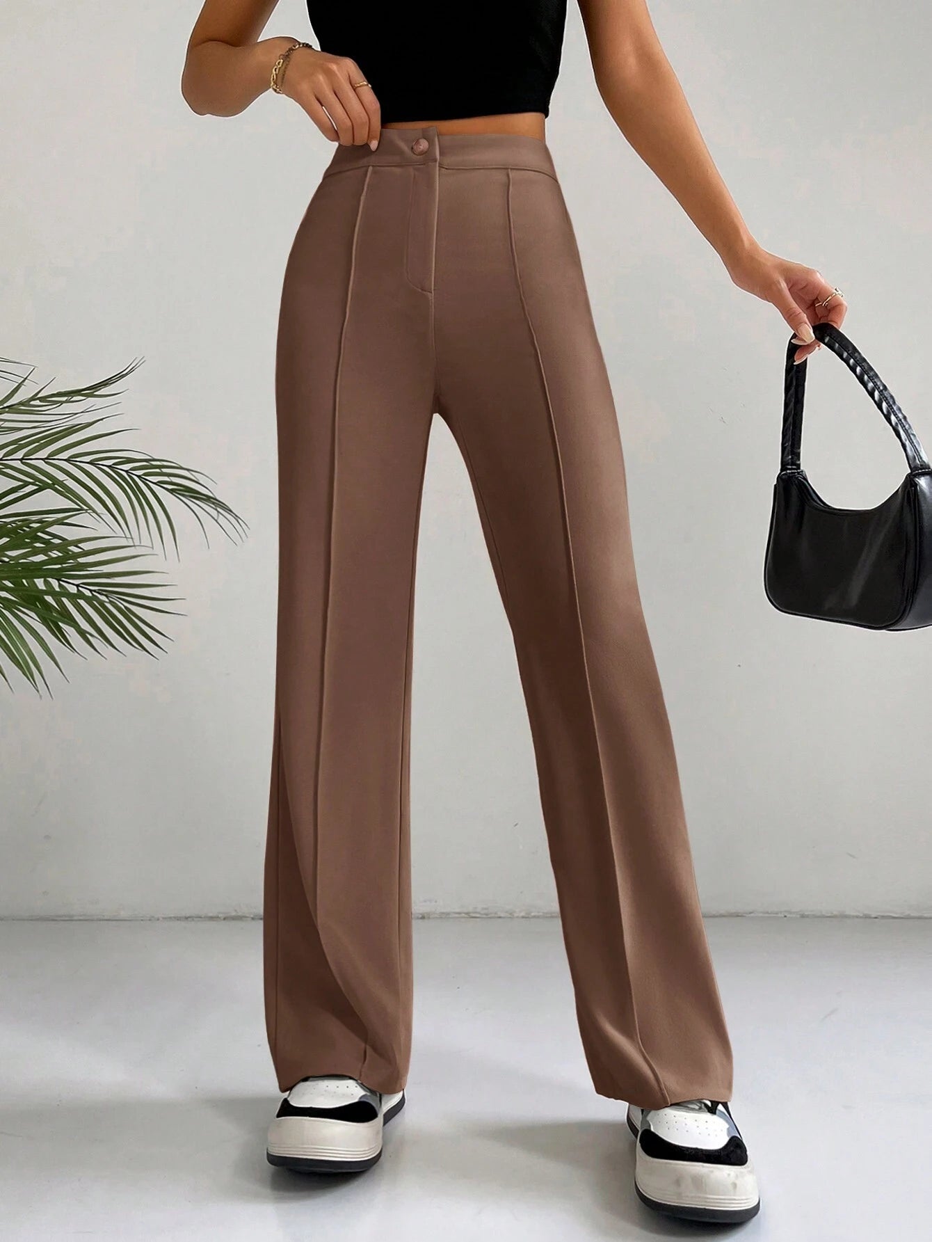 EZwear Y2k Solid Zipper Fly Seam Detail Pants Flare Leggings shein