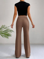 EZwear Y2k Solid Zipper Fly Seam Detail Pants Flare Leggings shein