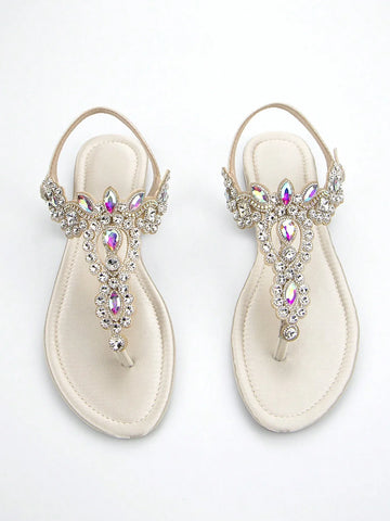 Women Rhinestone Decor Ankle Strap Thong Sandals
