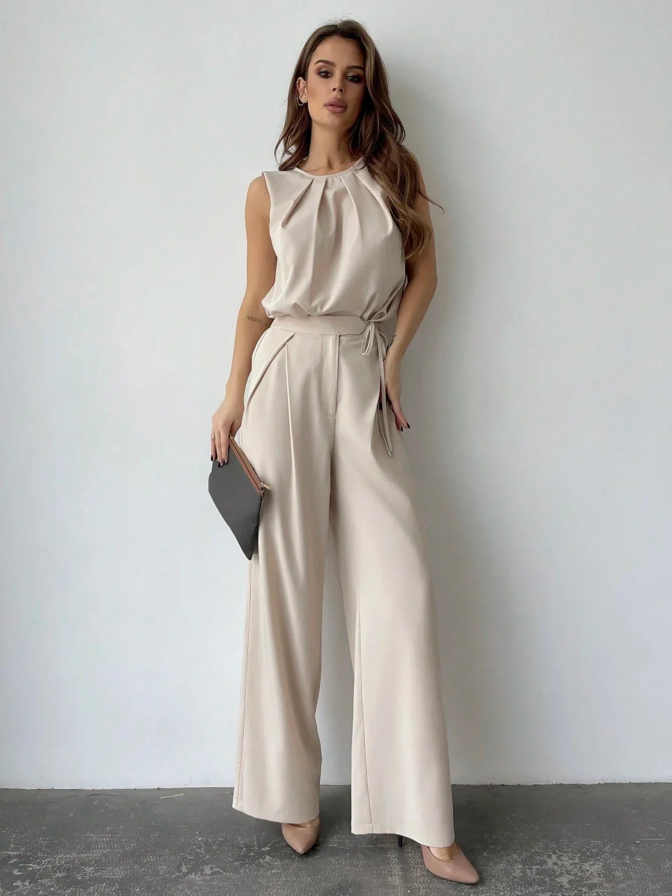 Privé Solid Color Round Neck Pleated Top And Wide Leg Pants shein