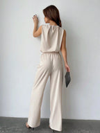 Privé Solid Color Round Neck Pleated Top And Wide Leg Pants shein