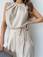 Privé Solid Color Round Neck Pleated Top And Wide Leg Pants shein