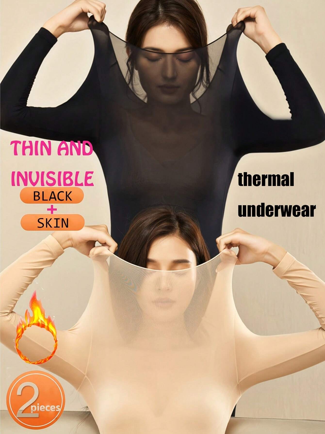 2 Pcs Women's Seamless Ultra-Thin Thermal Underwear - Soft & Comfy Long Sleeve Round Neck Top shein
