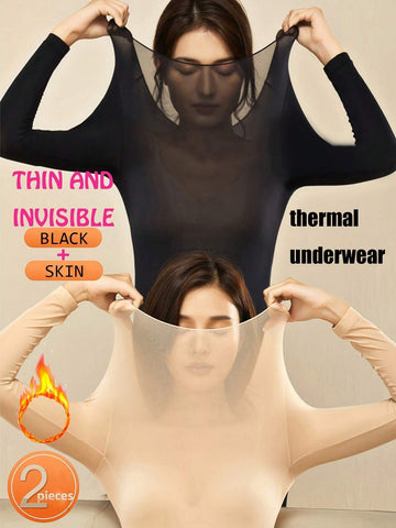 2 Pcs Women's Seamless Ultra-Thin Thermal Underwear - Soft & Comfy Long Sleeve Round Neck Top