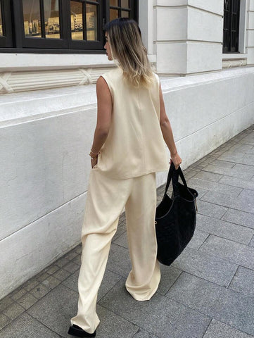 Solid Color Sleeveless Asymmetrical Split Hem Tank Top And Wide Leg Pants