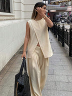 Solid Color Sleeveless Asymmetrical Split Hem Tank Top And Wide Leg Pants shein