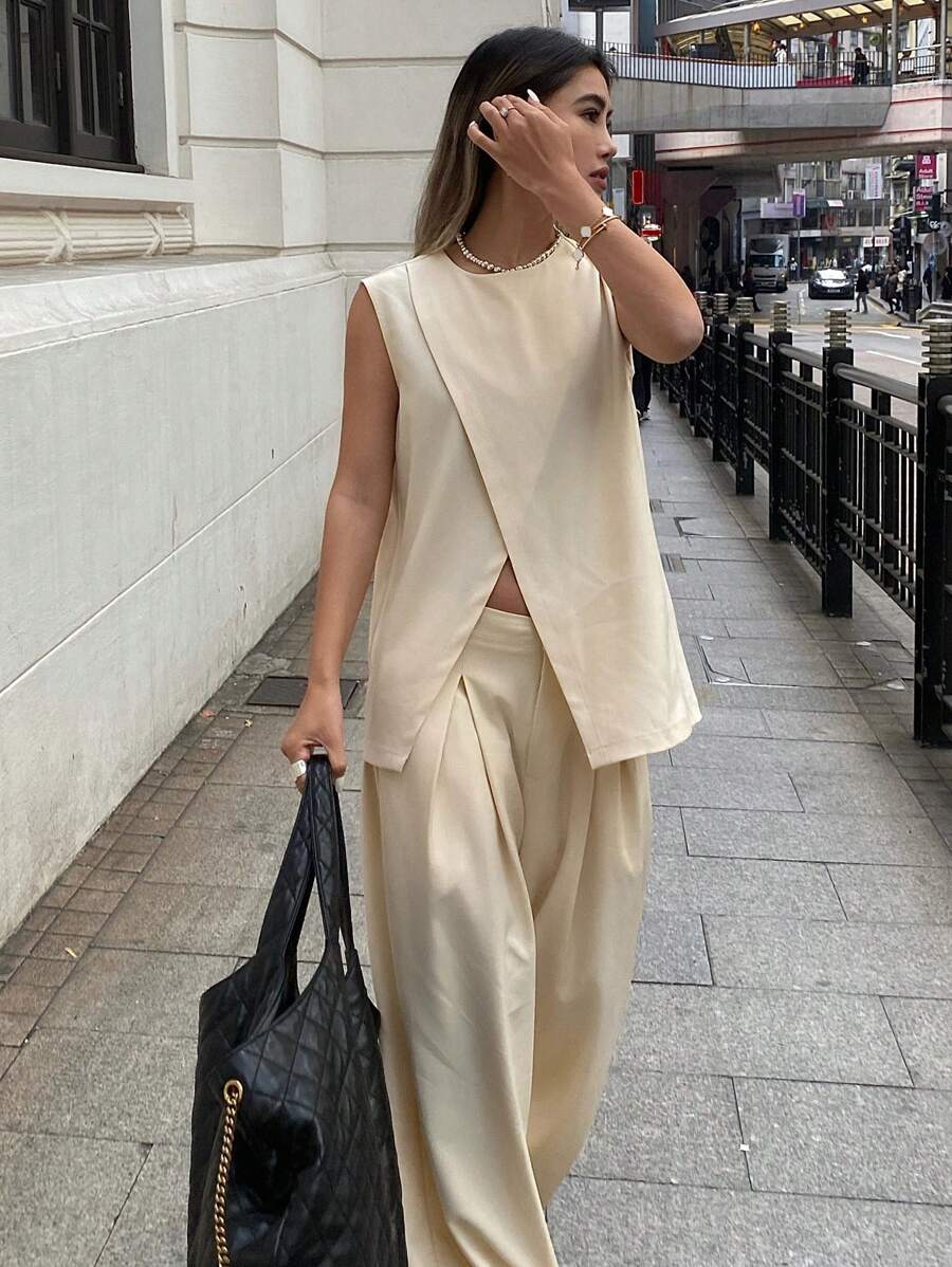 Solid Color Sleeveless Asymmetrical Split Hem Tank Top And Wide Leg Pants shein