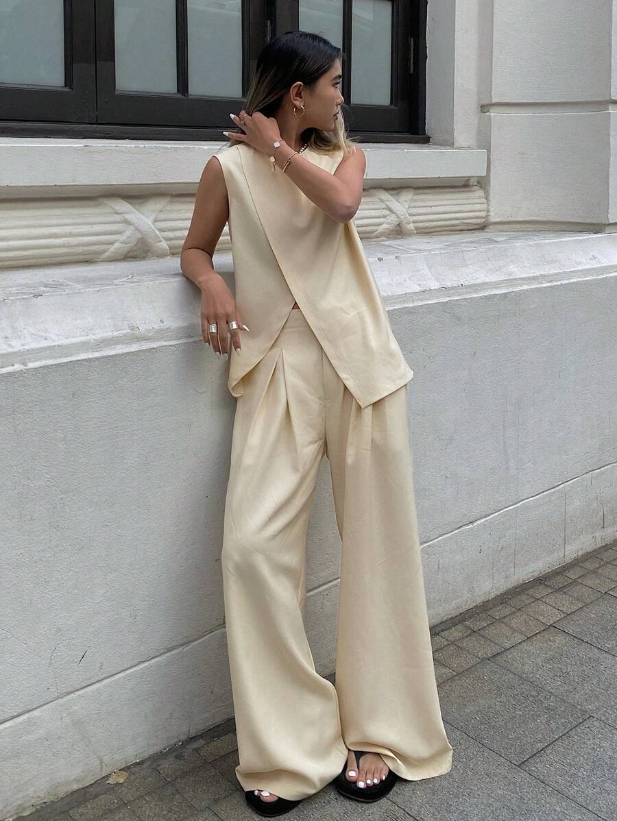 Solid Color Sleeveless Asymmetrical Split Hem Tank Top And Wide Leg Pants shein