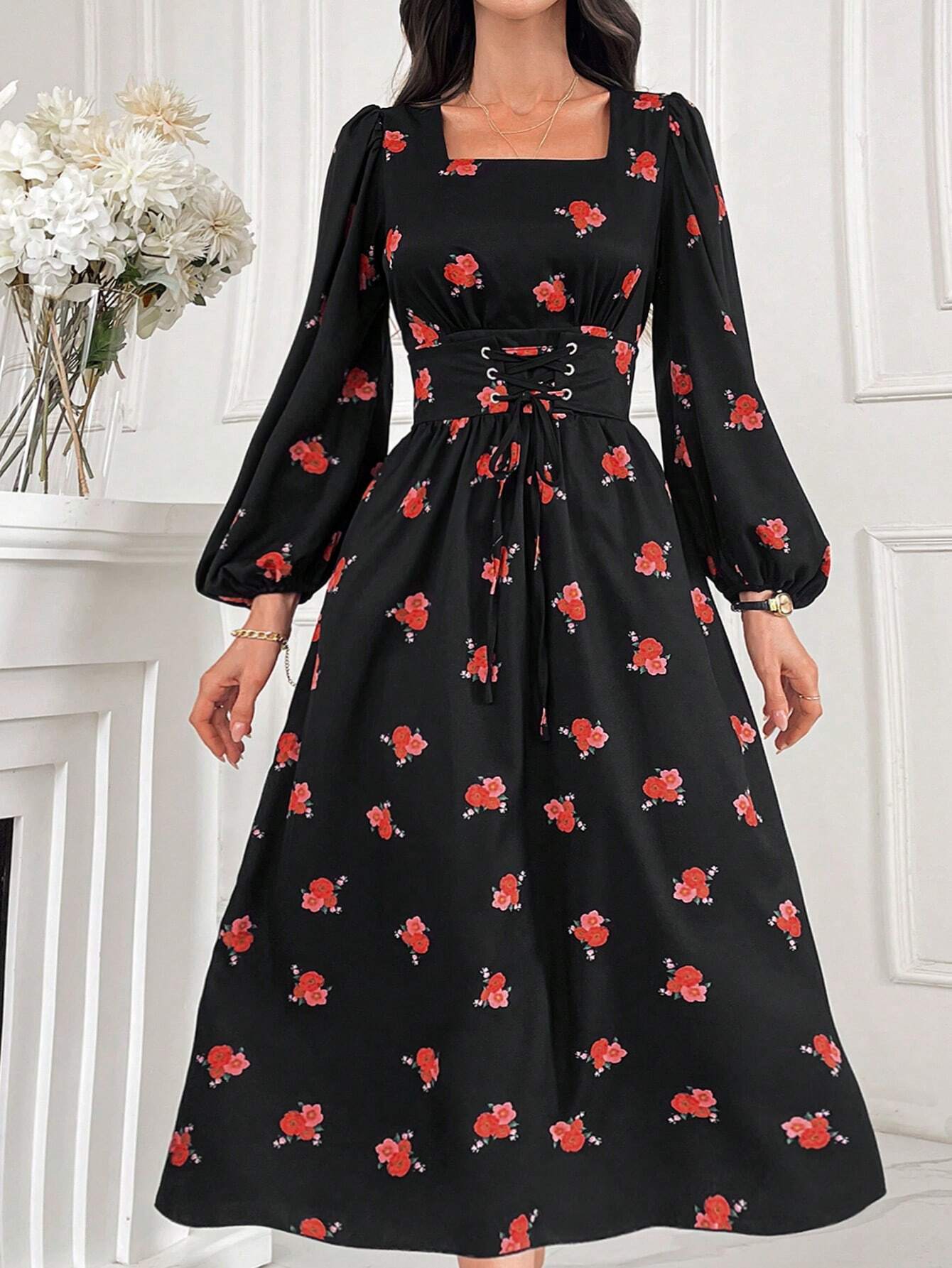 Modely Women's Fashionable Floral Print Long Sleeve Square Neckline Midi Dress shein