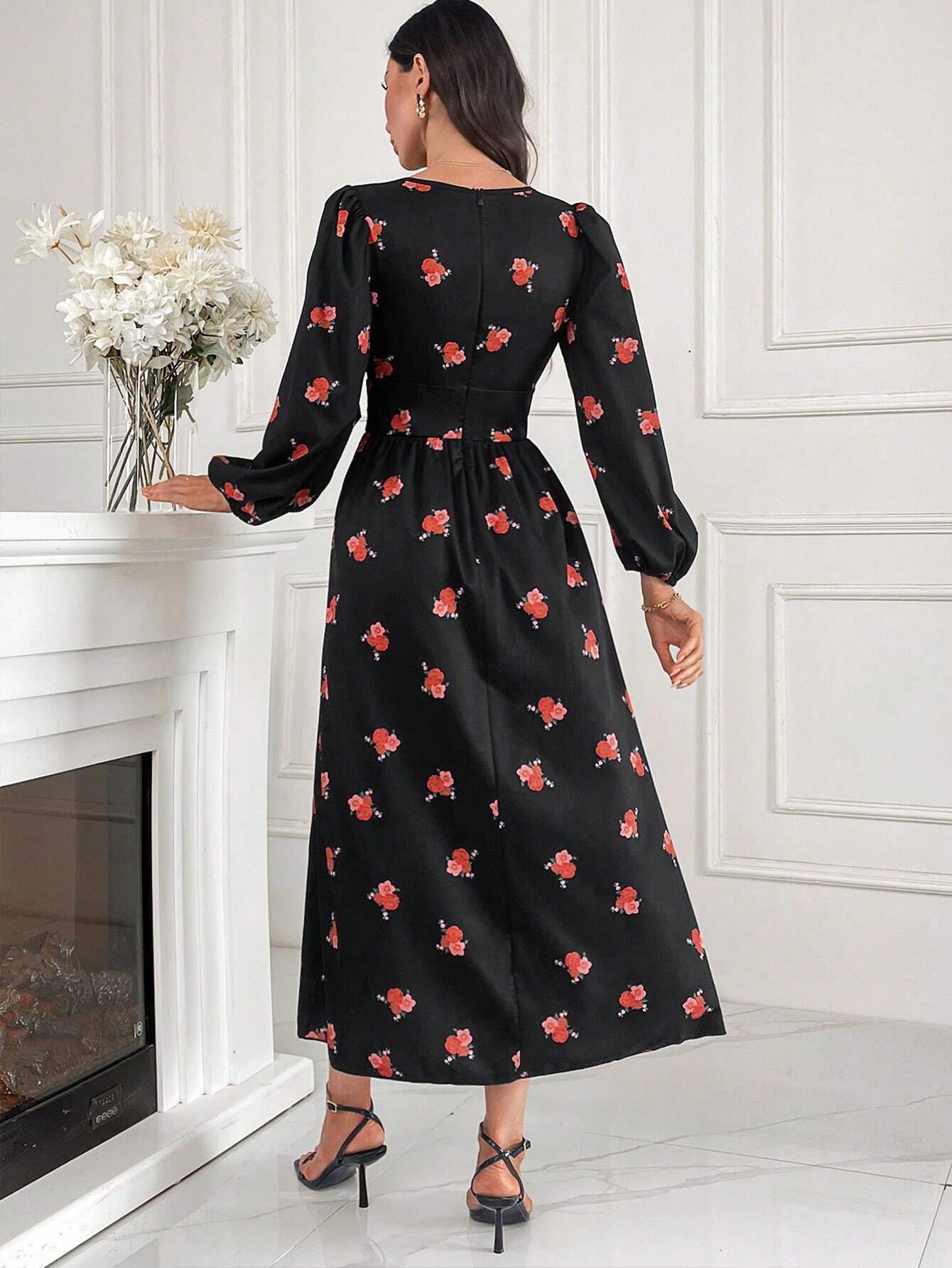 Modely Women's Fashionable Floral Print Long Sleeve Square Neckline Midi Dress shein