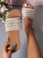 Women's Vacation Style Flat White Fringed Sandals shein