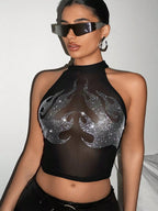 X Breakaway SHEIN ICON Going Out Tops Women's Flame Pattern Hot Drilling Mesh Halterneck Perspective Tank Top shein