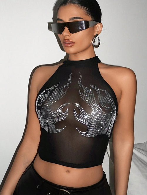X Breakaway SHEIN ICON Going Out Tops Women's Flame Pattern Hot Drilling Mesh Halterneck Perspective Tank Top shein