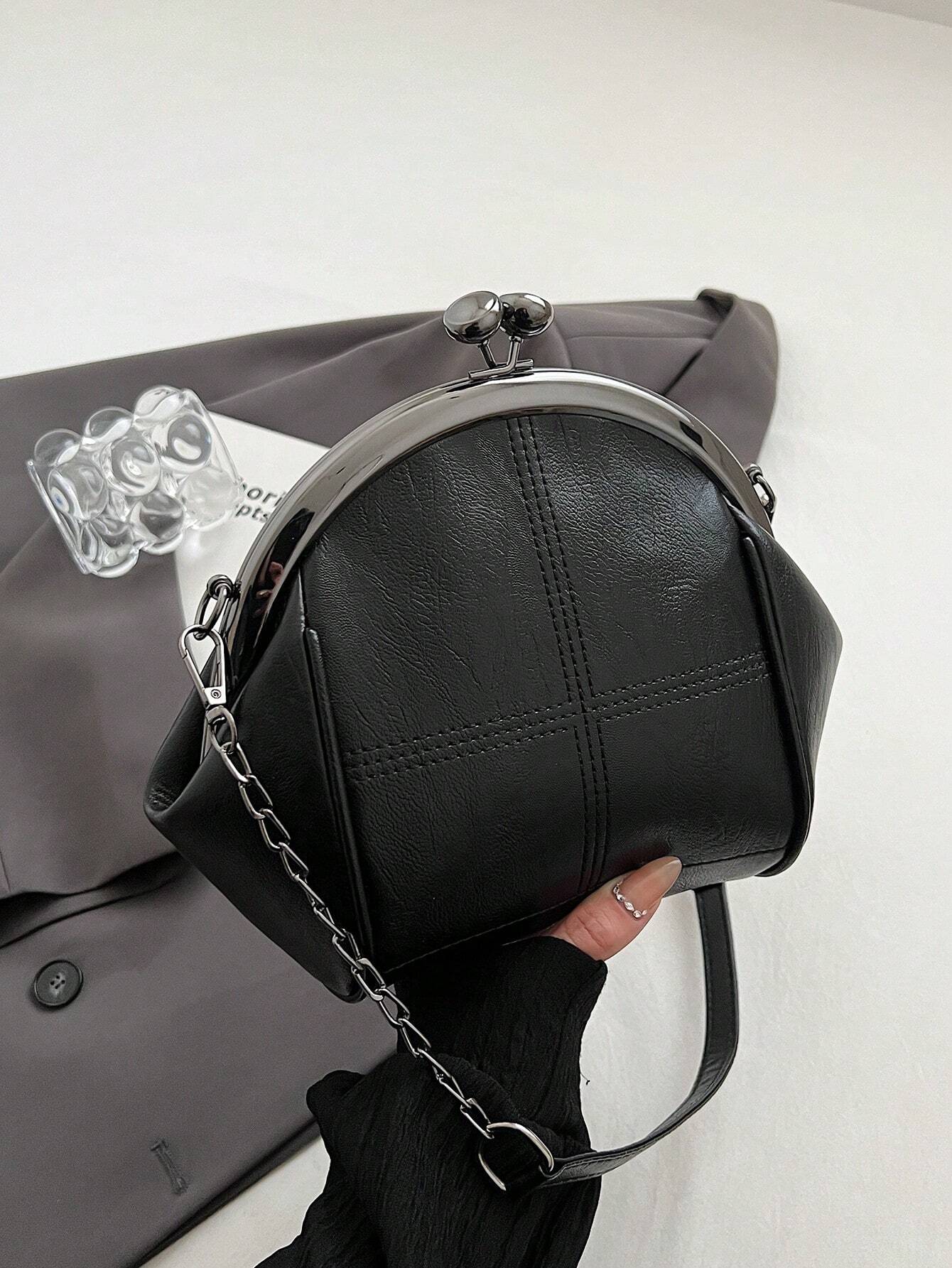 Leisure Retro Dark Green PU Clip Bag With Dual Metal Chain shein