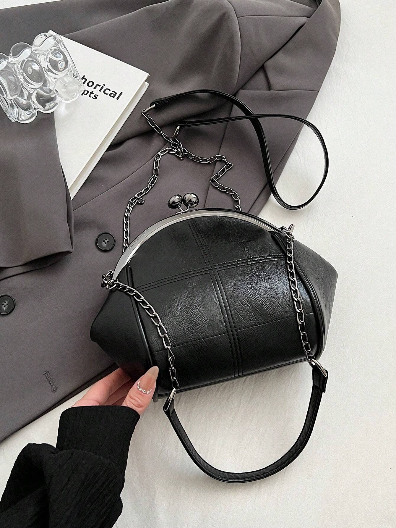 Leisure Retro Dark Green PU Clip Bag With Dual Metal Chain shein