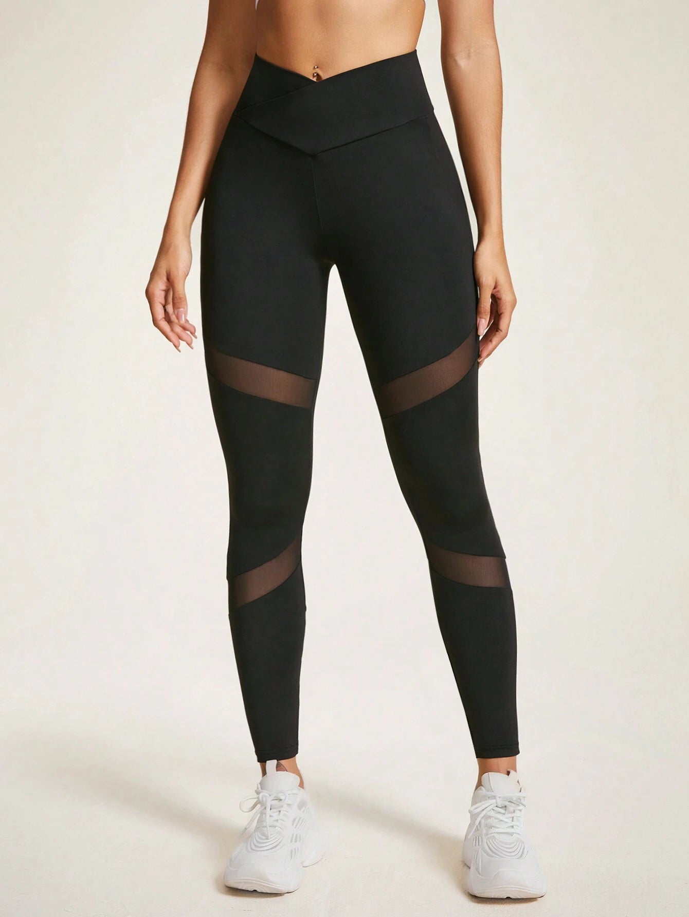 Sport Studio Cross Waist Mesh Contrast Yoga Leggings shein