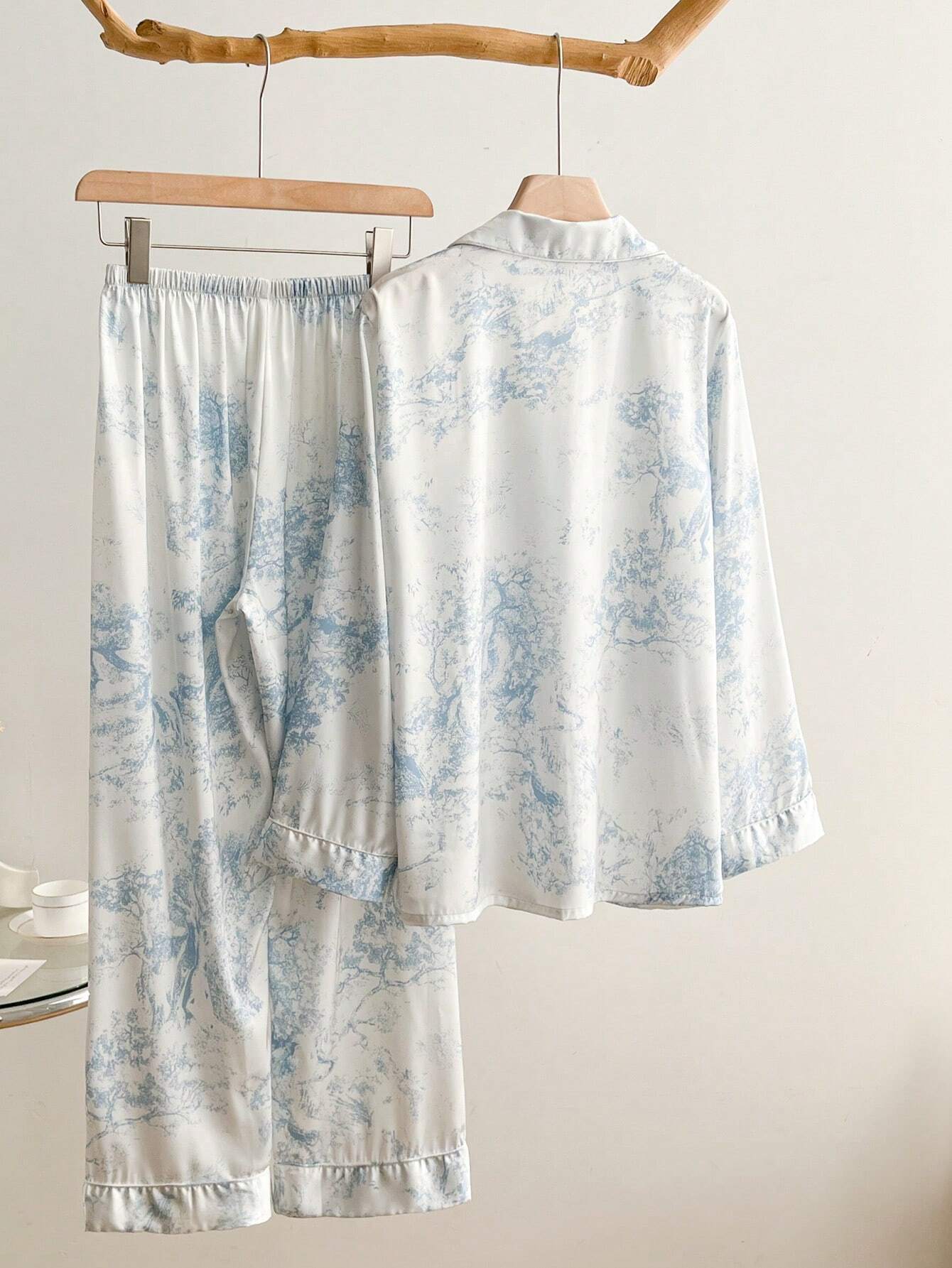 2pcs Women's Ink Print Ice Silk Pajamas, Simple Mandarin Collar Long Sleeve Homewear Set shein