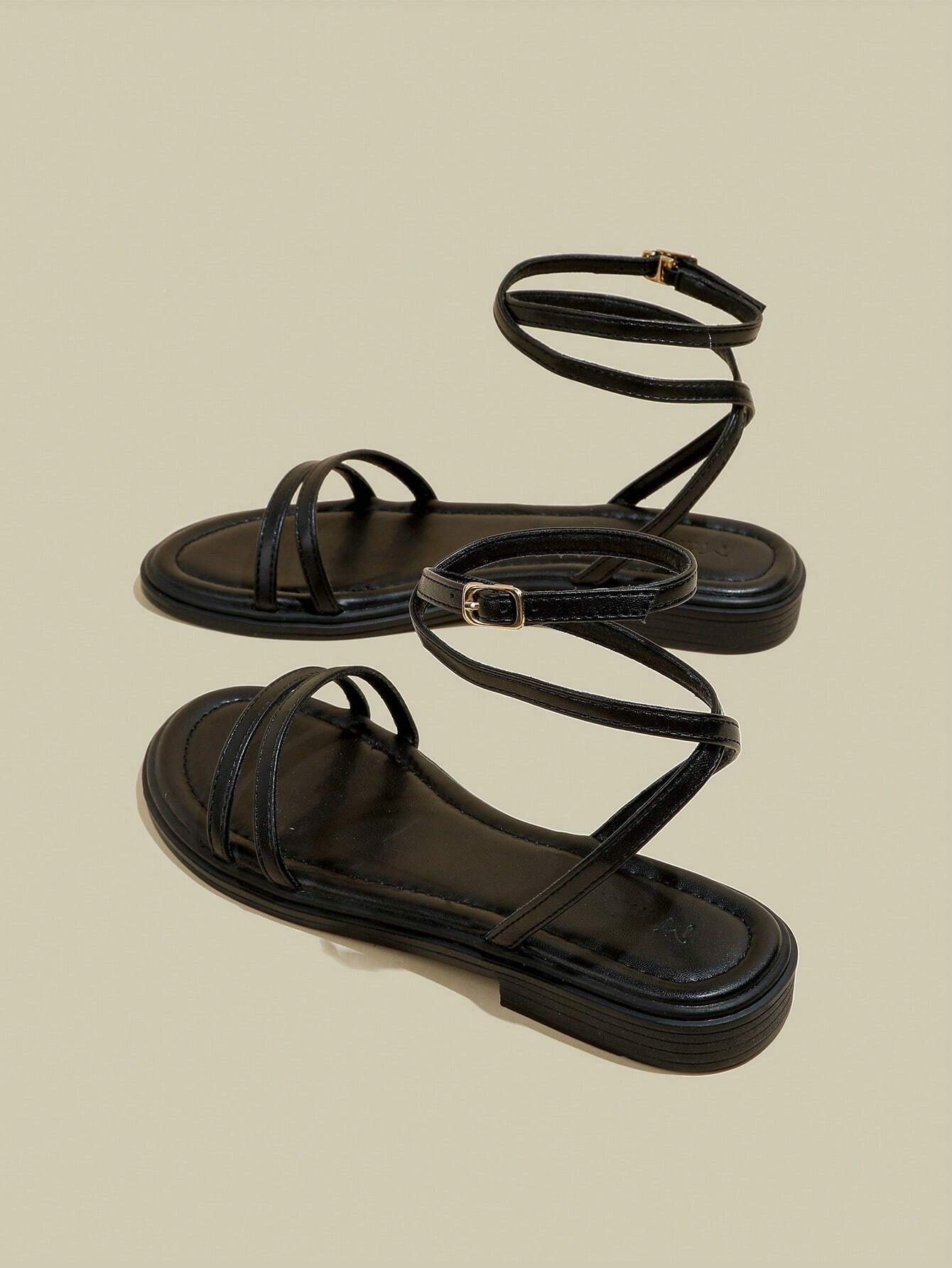 Women's Black Flat Sandals With Crossed Straps & Tie-Up Laces shein