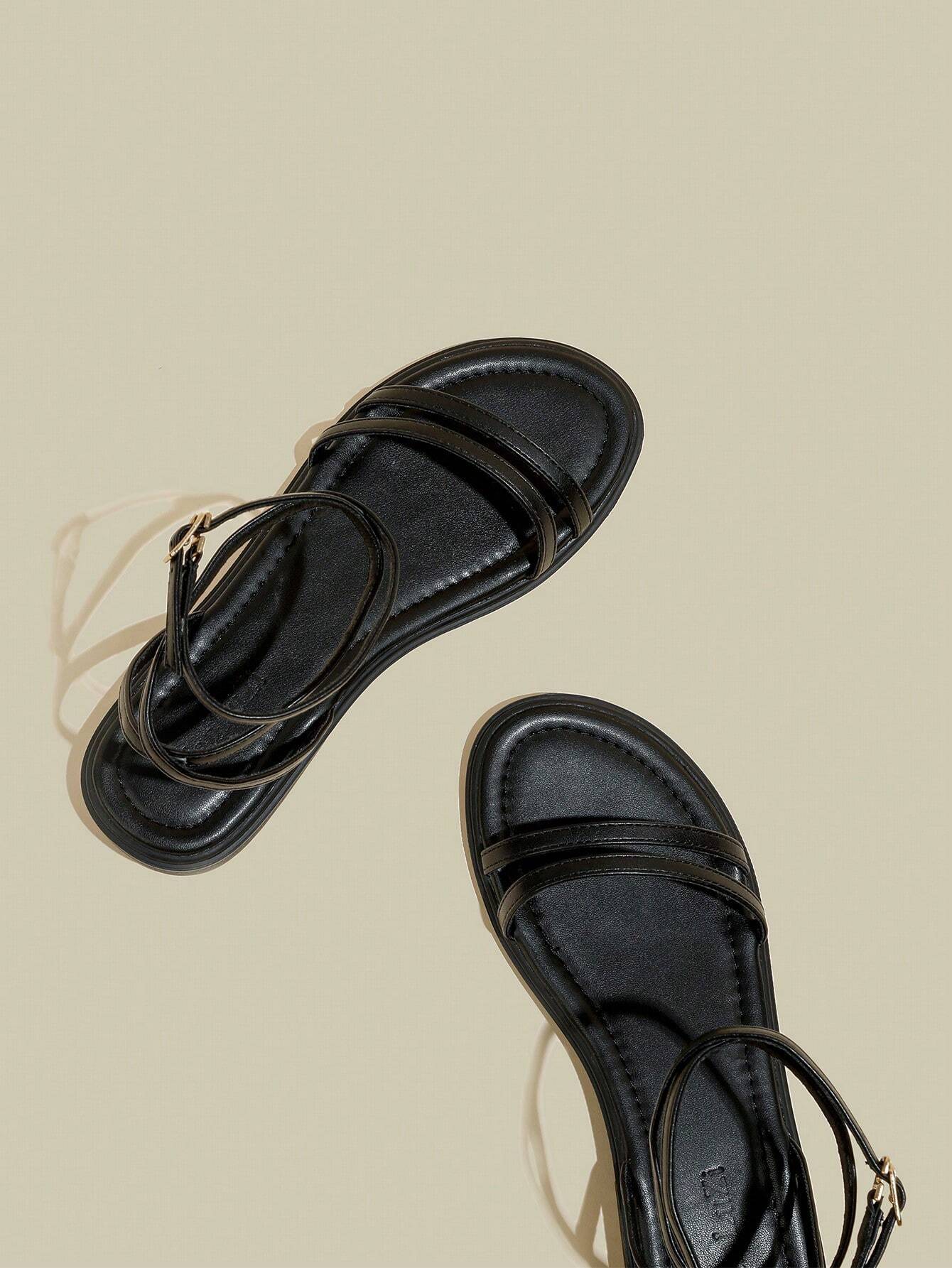 Women's Black Flat Sandals With Crossed Straps & Tie-Up Laces shein