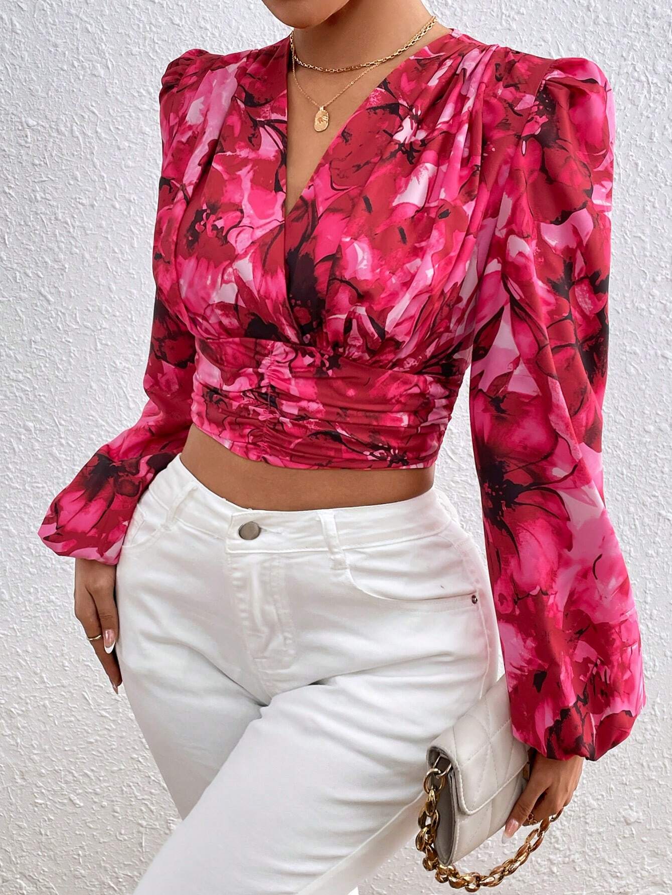 Women's Floral Printed Ruffle Trim Blouse shein