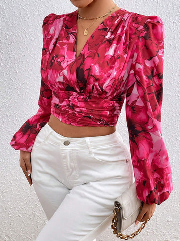 Women's Floral Printed Ruffle Trim Blouse