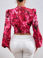 Women's Floral Printed Ruffle Trim Blouse shein