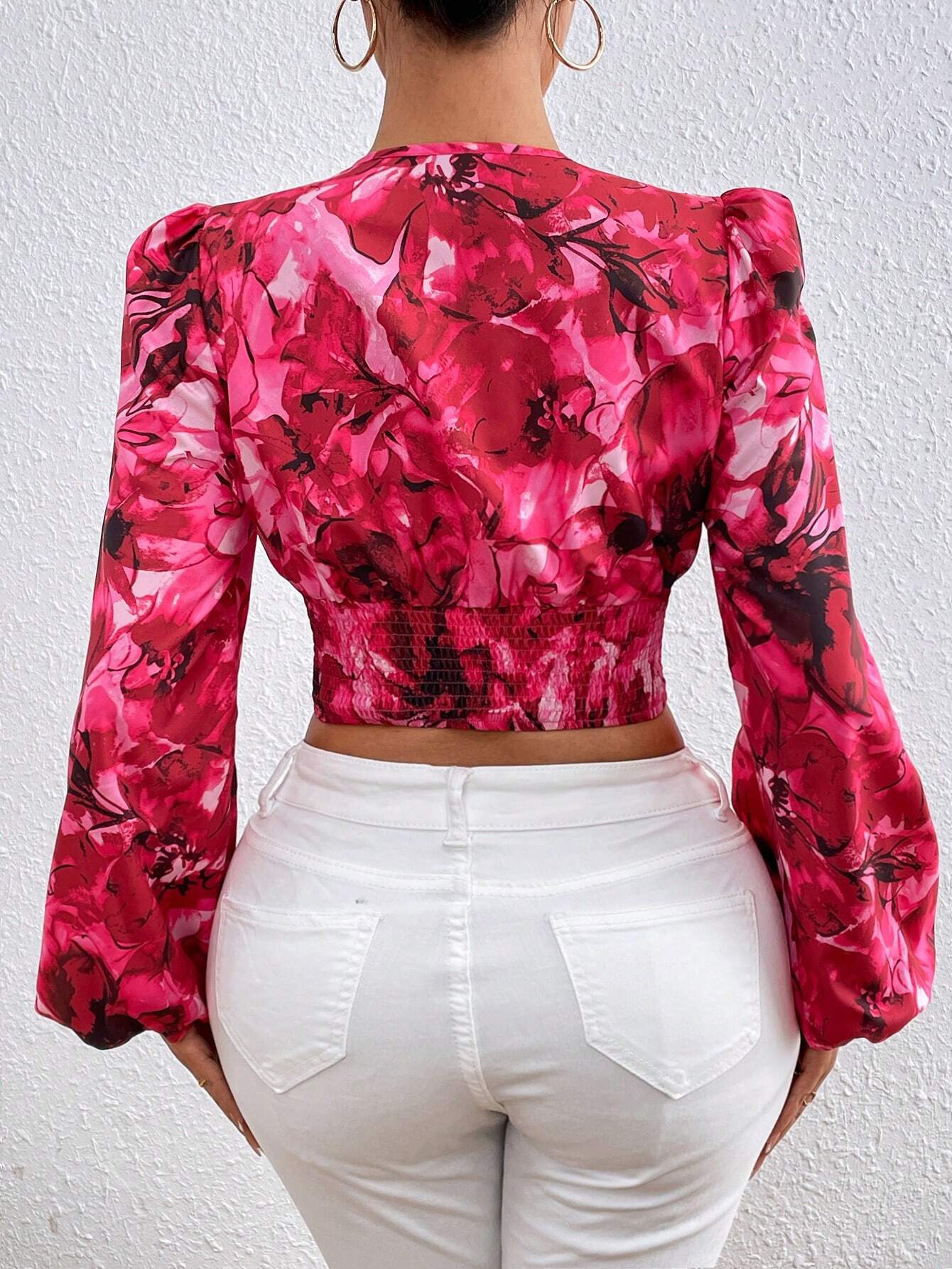Women's Floral Printed Ruffle Trim Blouse shein