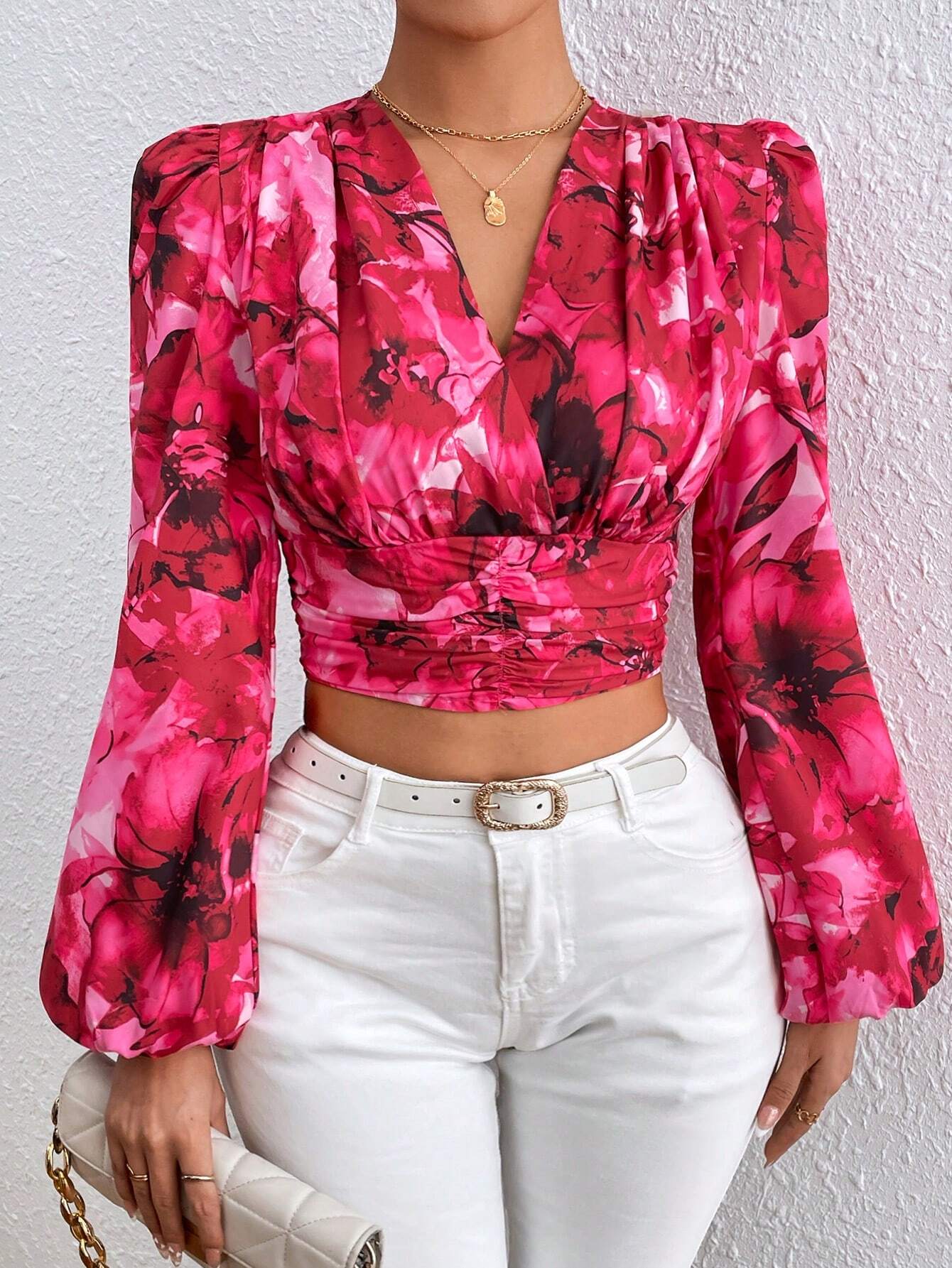 Women's Floral Printed Ruffle Trim Blouse shein
