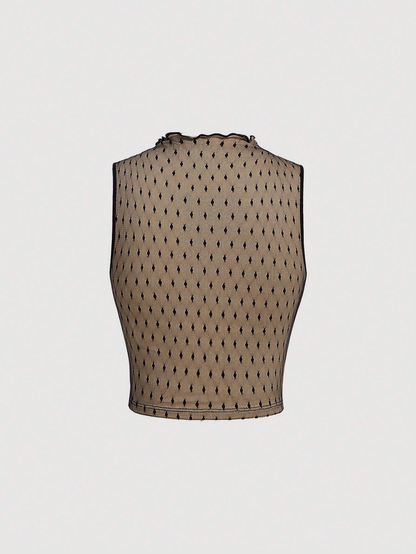 MOD Ladies' Polka Dot Mesh Mock Neck Tie Back Tank Top shein