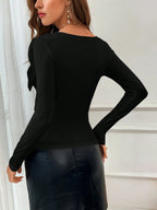 Privé Women's Round Neck Oversized Bow Decor Long Sleeve Fitted Elegant Gentle Sweet T-Shirt shein