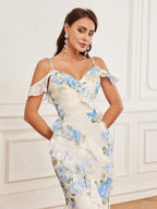 Belle Elegant, Romantic, Soft And Elegant,Spaghetti Straps, V-Neck,Leaves, , Prom Date Party Extra-Long Dress Shein