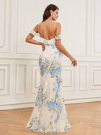 Belle Elegant, Romantic, Soft And Elegant,Spaghetti Straps, V-Neck,Leaves, , Prom Date Party Extra-Long Dress Shein