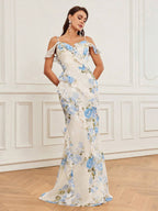 Belle Elegant, Romantic, Soft And Elegant,Spaghetti Straps, V-Neck,Leaves, , Prom Date Party Extra-Long Dress Shein