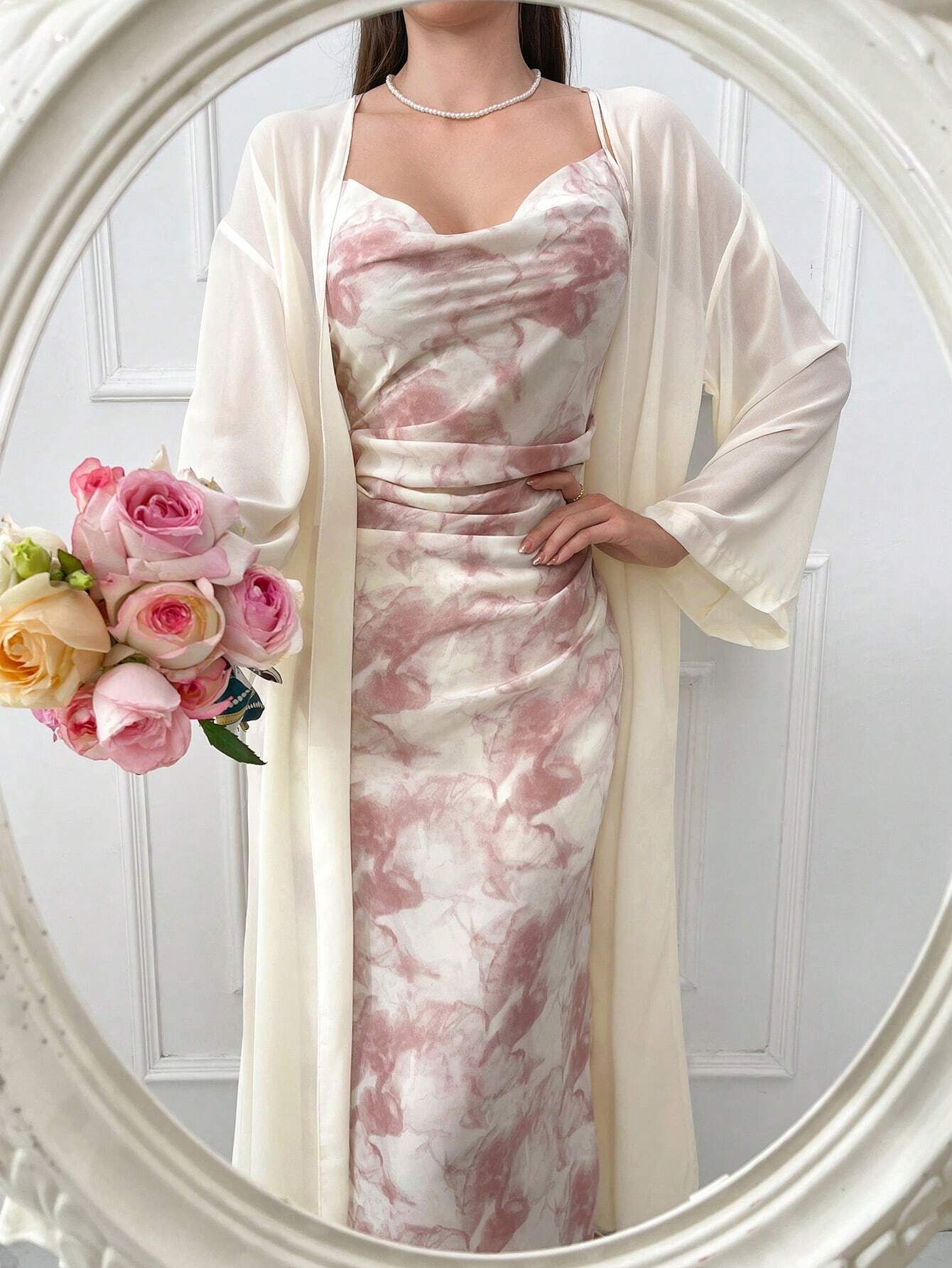 Modely Tie Dye Cowl Neck Cami Dress & Solid Drop Shoulder Coat Sets shein