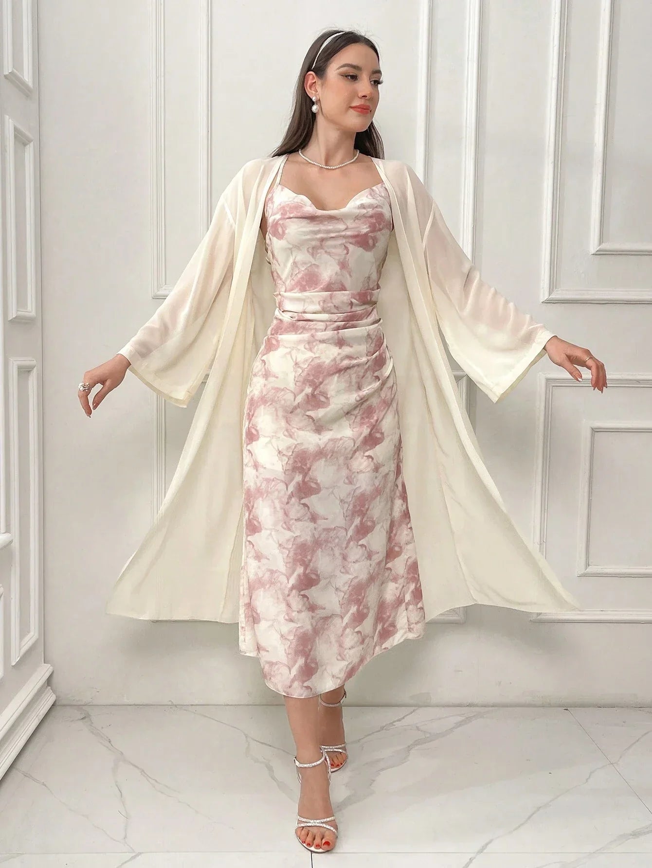Modely Tie Dye Cowl Neck Cami Dress & Solid Drop Shoulder Coat Sets shein