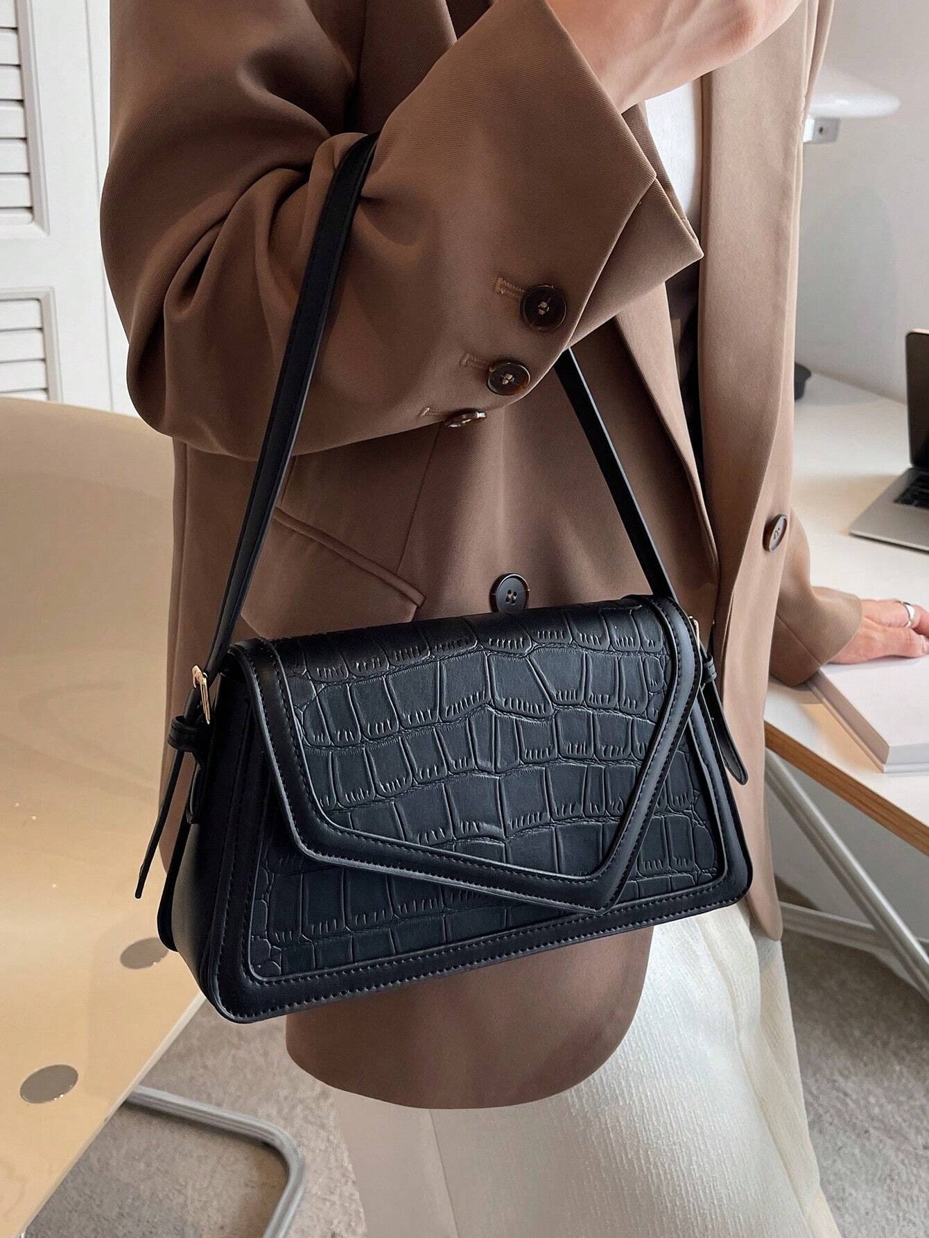 1pc Fashionable Color-Block Crocodile Pattern Diamond Checkered Flap Zipper Vintage Simple Shoulder Bag