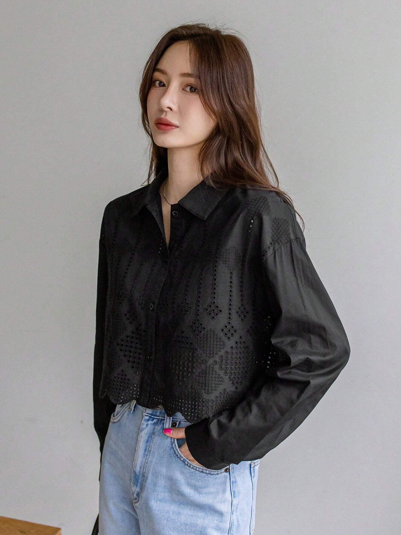 Dazy-Less Eyelet Embroidery Scallop Trim Shirt shein