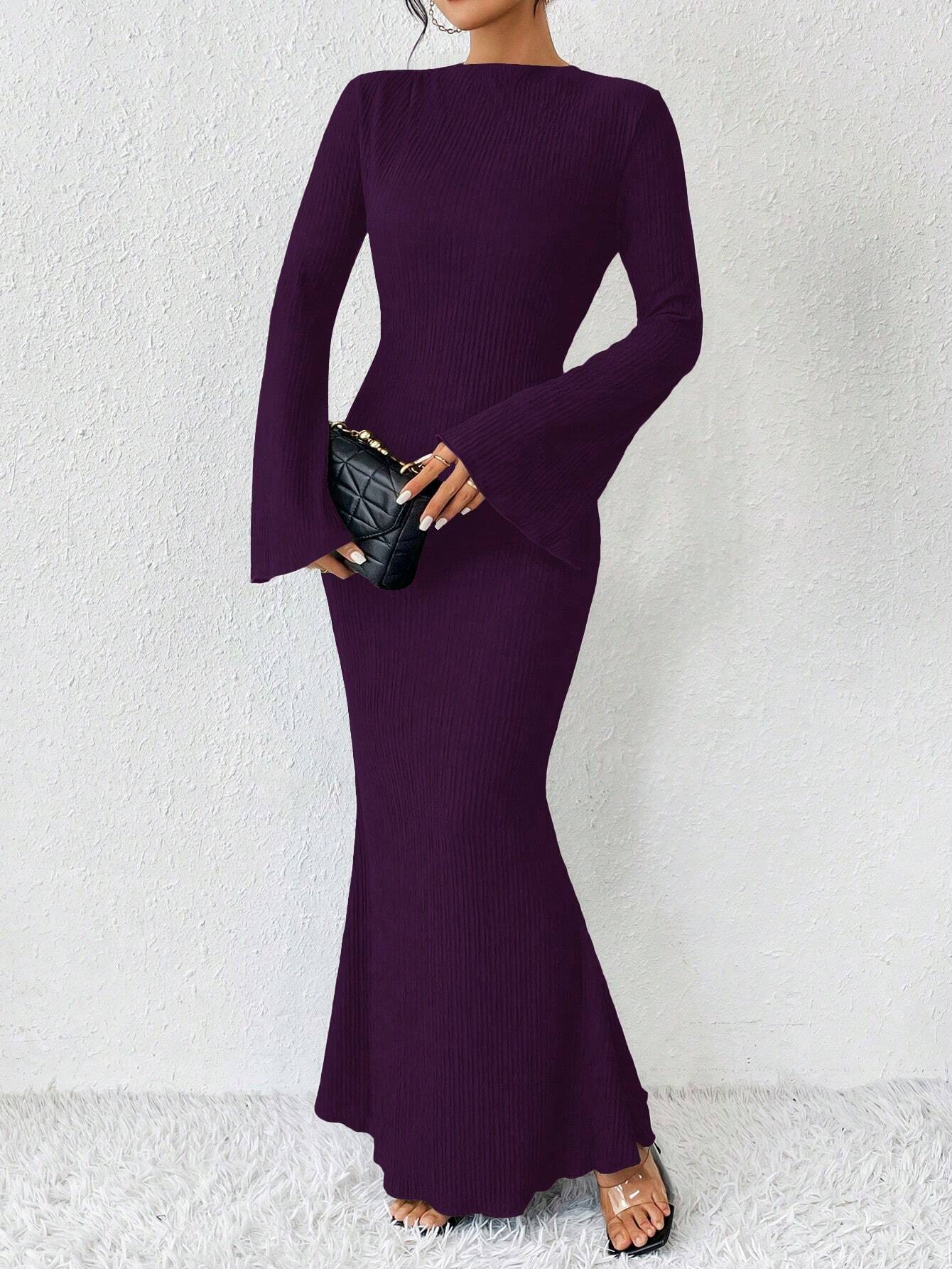 Rafferiza Solid Color Long Bell Sleeve Women's Dress shein