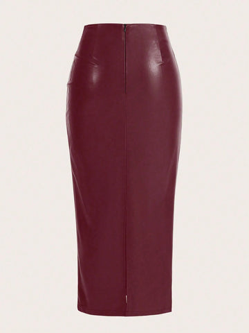 Essnce Solid Color Pleated Back Zipper Slit Skirt