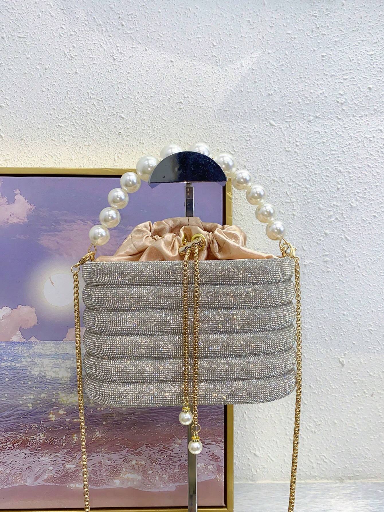 Luxury Women's Bridal Wedding Pearl Purse Party Prom Glitter Bling Rhinestone Clutches Handbag shein