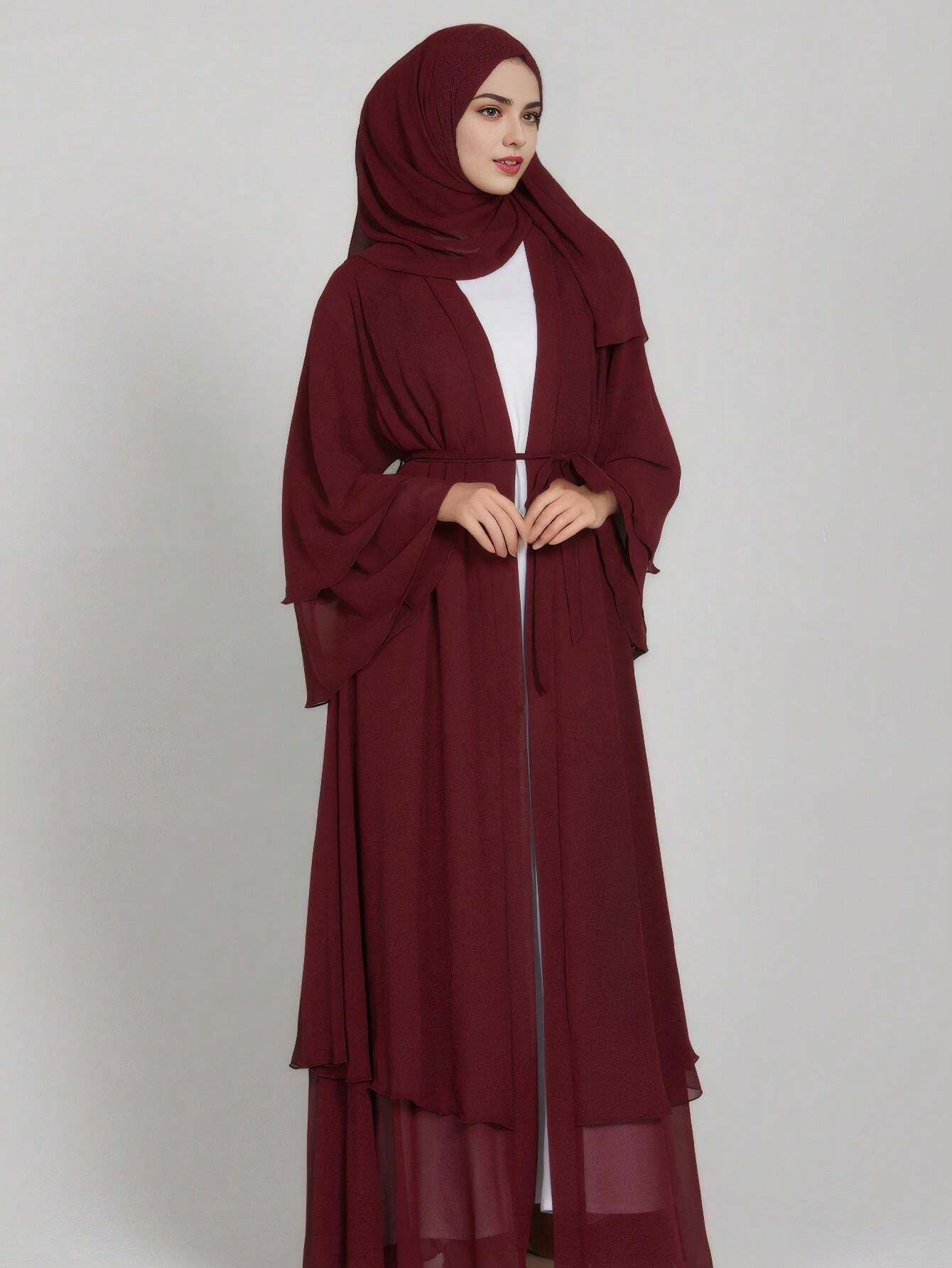 1pc Double Layer Chiffon Solid Color Casual Loose Plus Size Women's Long Robe Cardigan shein