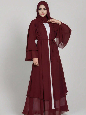 1pc Double Layer Chiffon Solid Color Casual Loose Plus Size Women's Long Robe Cardigan shein