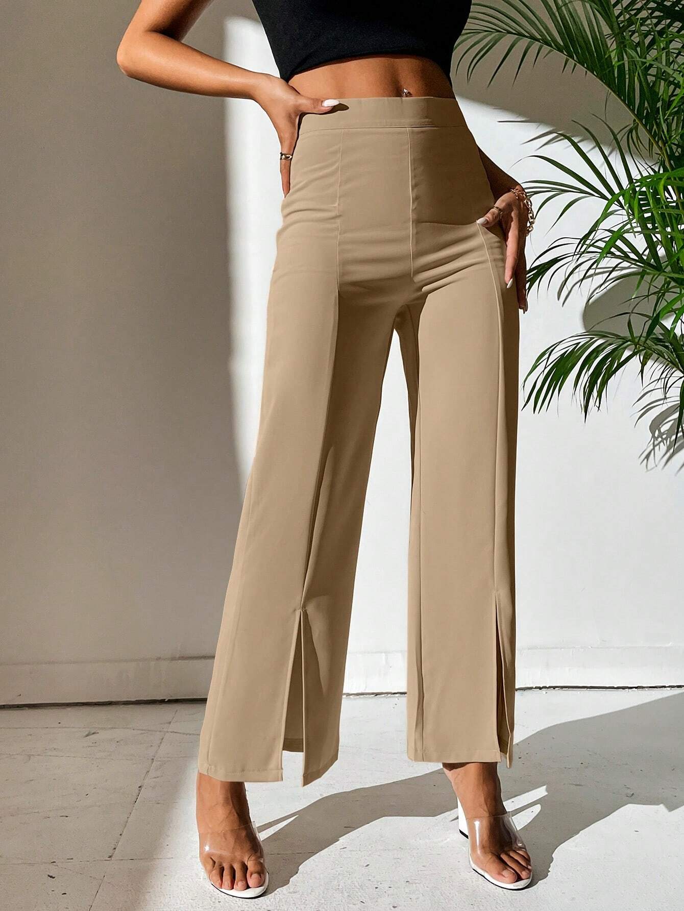 PETITE Split Hem Straight Leg Dress Pants shein