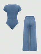 EZwear Plain Color Asymmetric Hem Top And Pants Two Piece Set shein