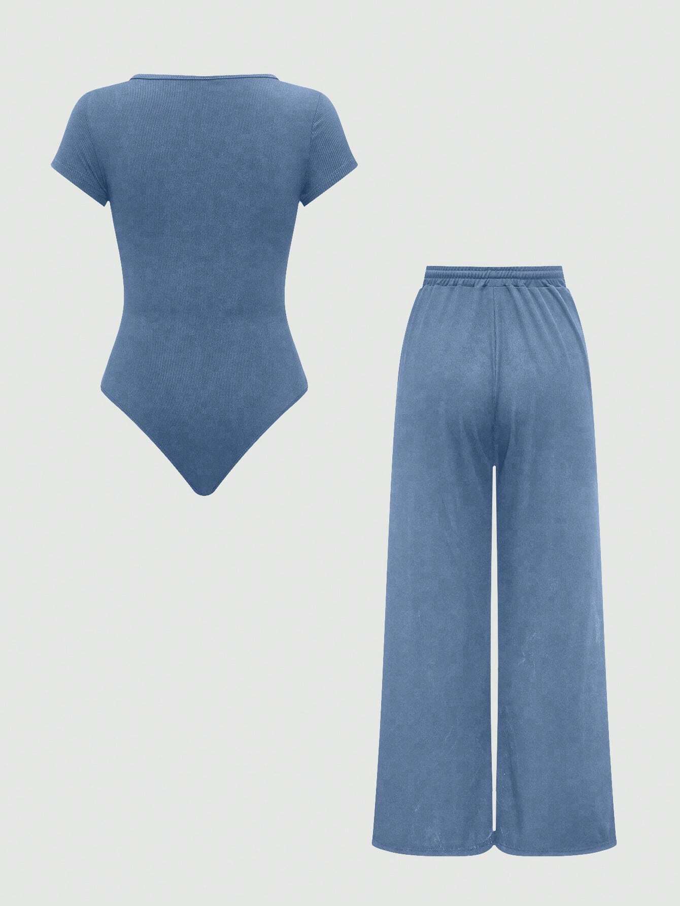EZwear Plain Color Asymmetric Hem Top And Pants Two Piece Set shein