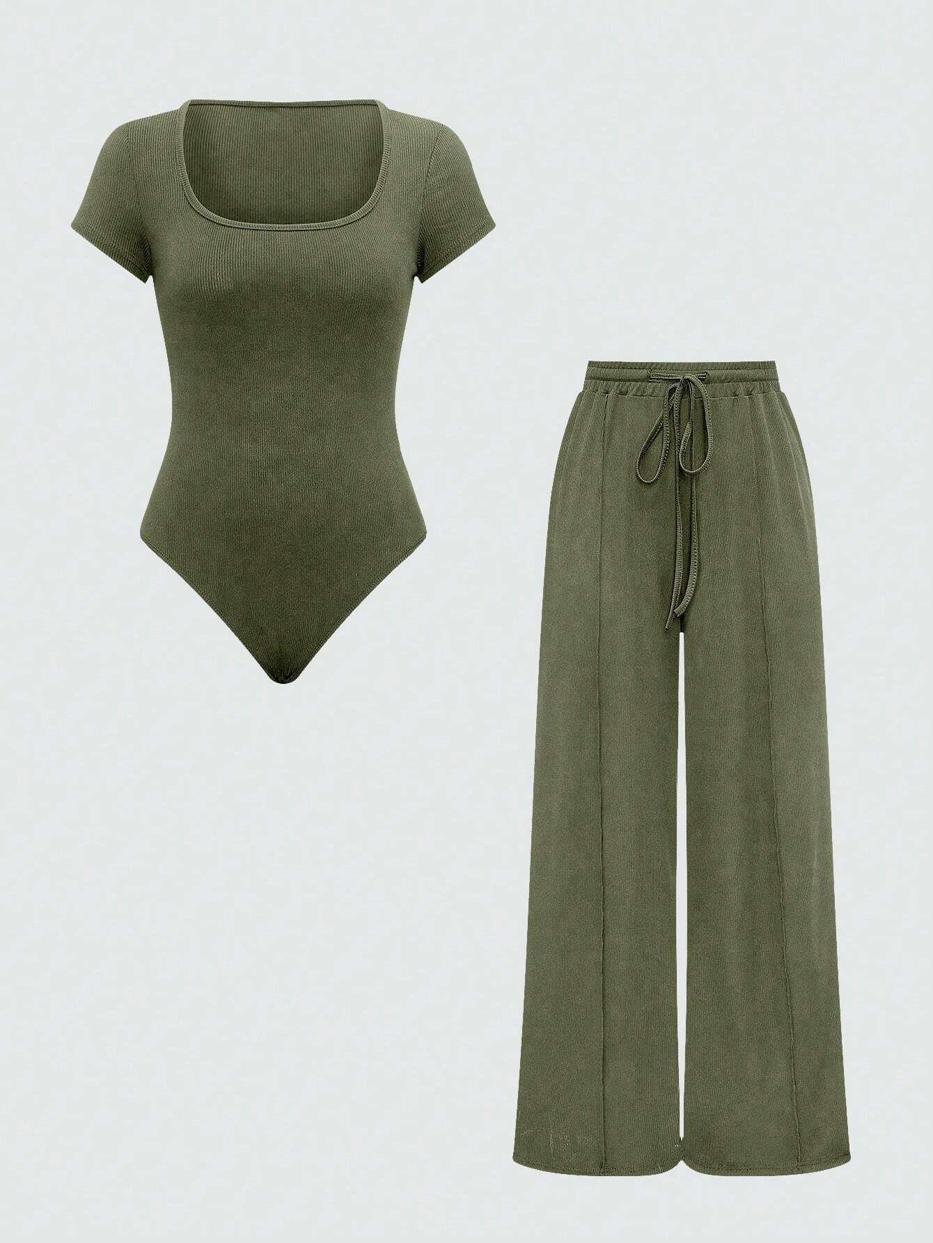 EZwear Plain Color Asymmetric Hem Top And Pants Two Piece Set shein