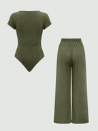EZwear Plain Color Asymmetric Hem Top And Pants Two Piece Set shein