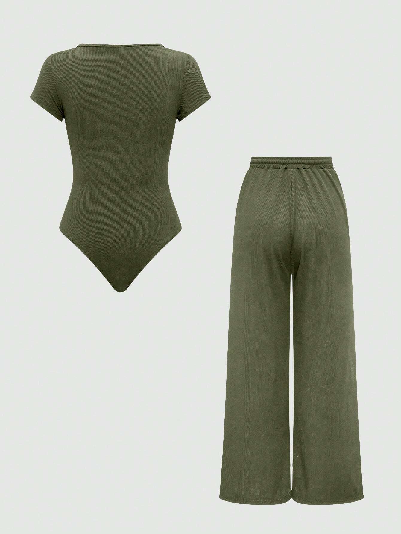 EZwear Plain Color Asymmetric Hem Top And Pants Two Piece Set shein